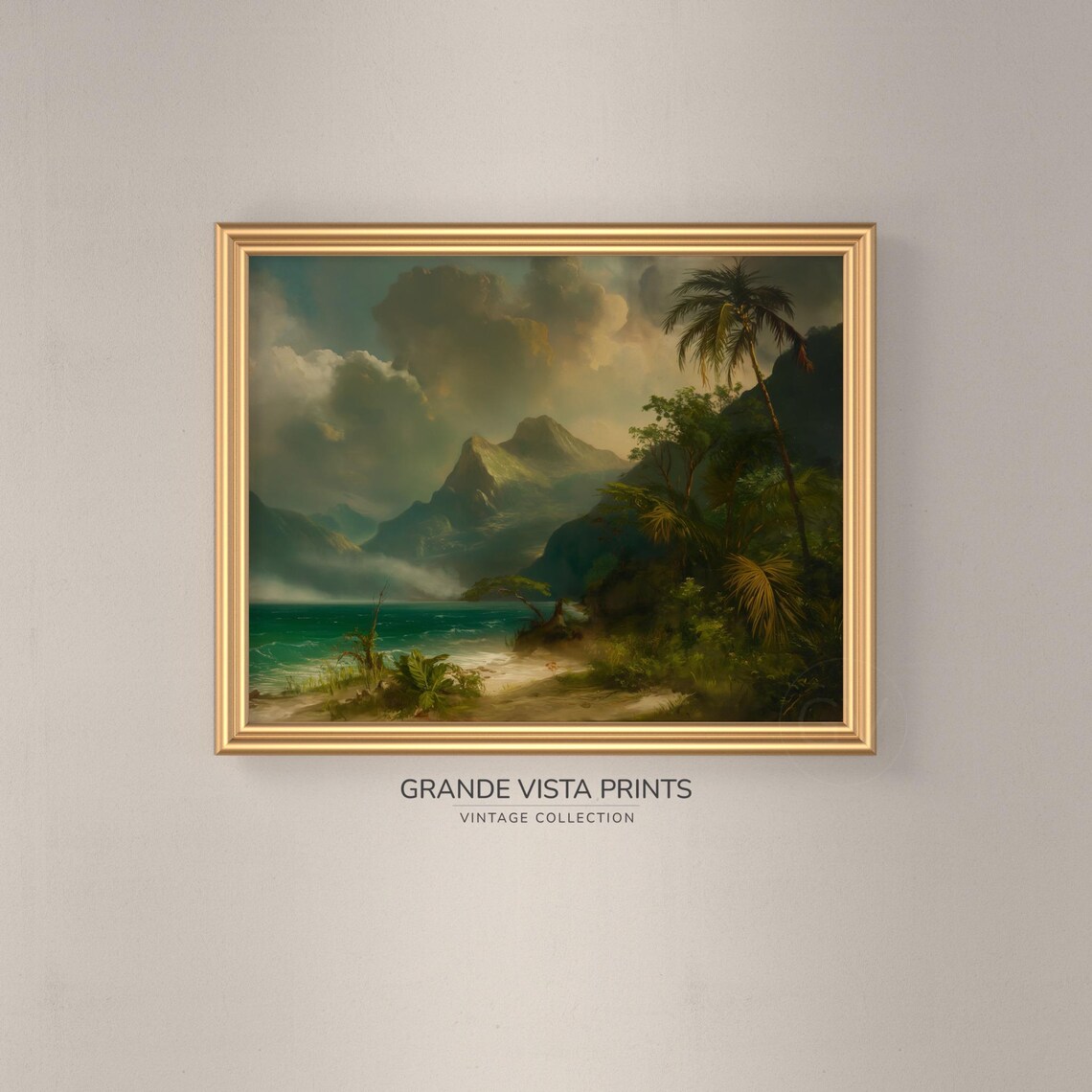 Tropical Island Shore Palm Trees Misty Peaks Vintage Landscape Poster - Image 3