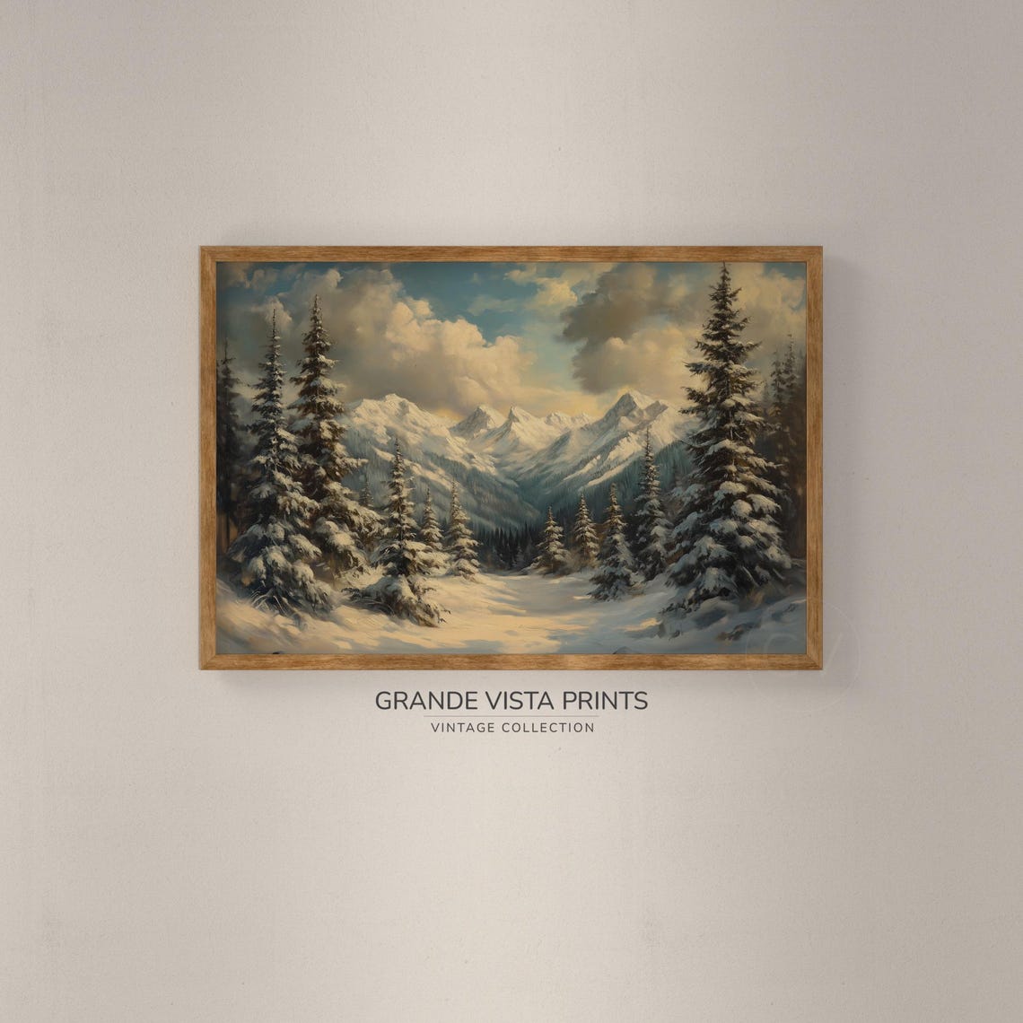 Sunlit Snowy Mountain Range Evergreen Pines Winter Landscape Poster - Image 2