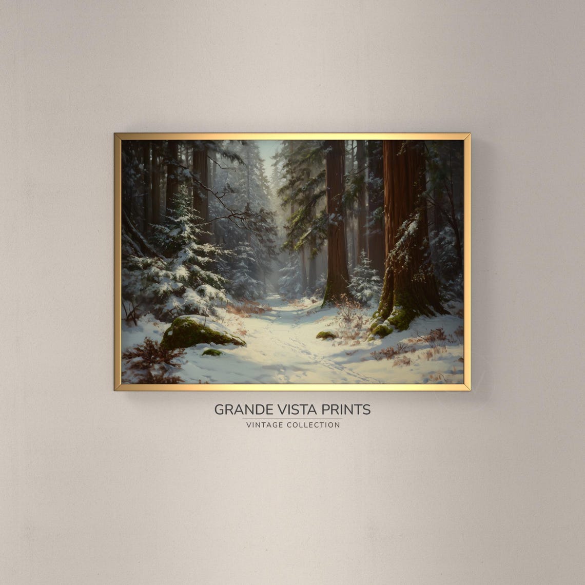 Snowy Redwood Forest Winter Path Sunlit Evergreens Vintage Poster