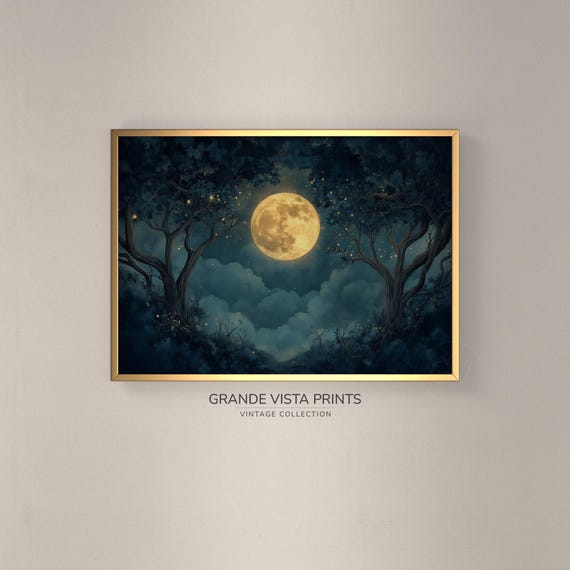 Moon Night Painting Moon Painting Nighttime Illustration Wall Art Gv4577