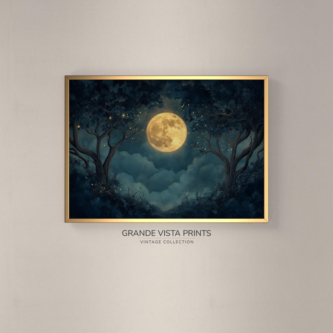 Golden Full Moon Between Twisted Trees Starry Midnight Forest Poster