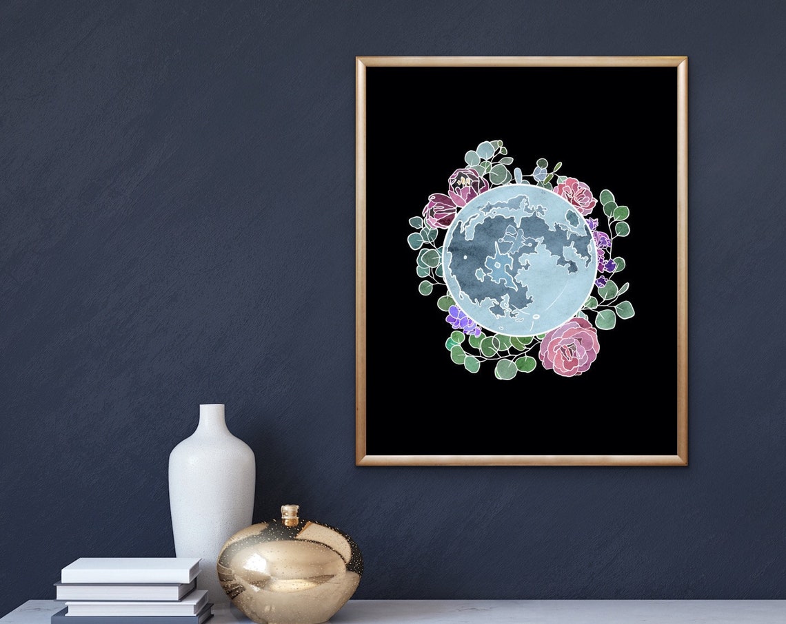 Full Moon Floral Wreath Watercolor Celestial Night Wall Poster