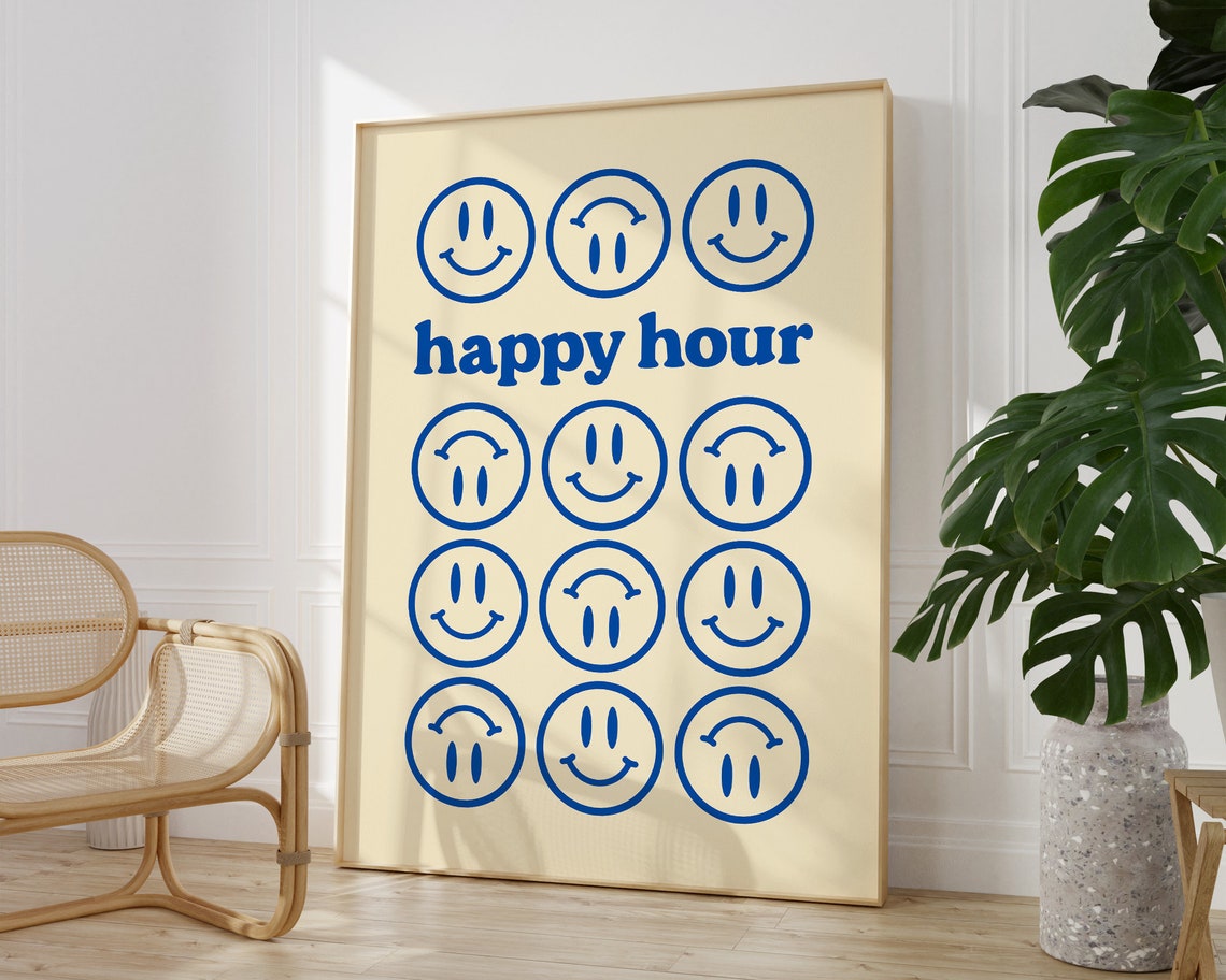 Cheerful Happy Hour Blue Smiley Face Retro Cocktail Bar Wall Poster