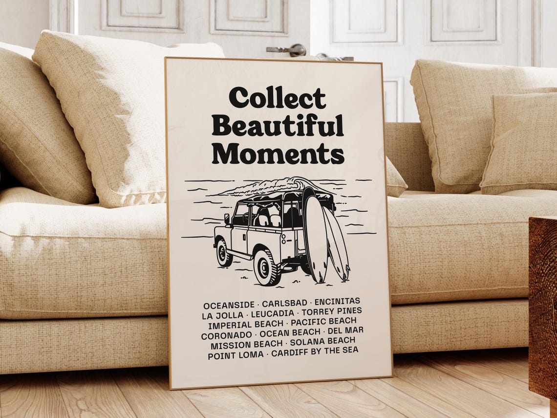 San Diego Beach Towns Retro Surf Road Trip Black White Art Poster - Image 2