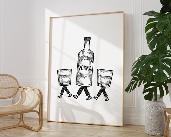 Walking Vodka Bottle Funny Retro Bar Cart Illustration Poster