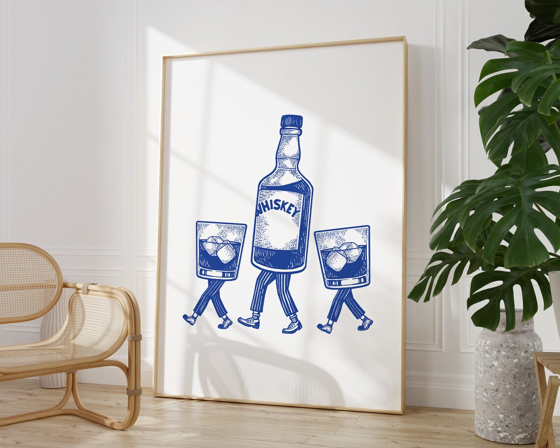 Walking Whiskey Bottle and Glasses Blue Ink Bar Cart Art Poster - Image 3
