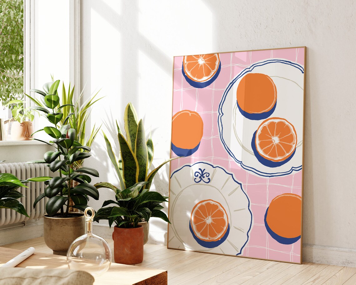 Orange Slices On Plates Mediterranean Fruit Pink Kitchen Art Poster - Image 3