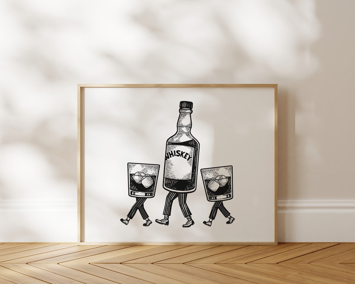 Whiskey Walking Bottle Retro Bar Cart Illustration Funny Drinks Poster - Image 2