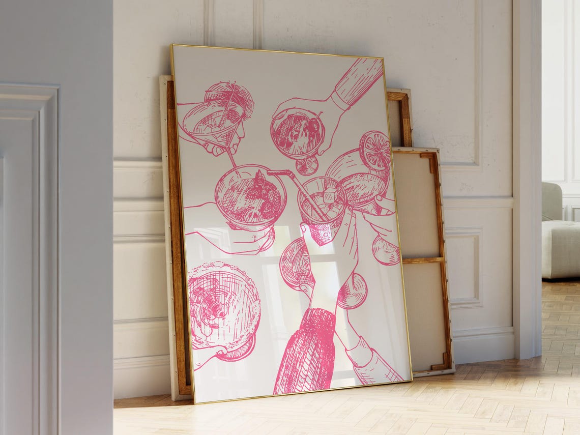 Pink Cocktail Cheers Hand Drawn Toast Bar Cart Art Decor Poster