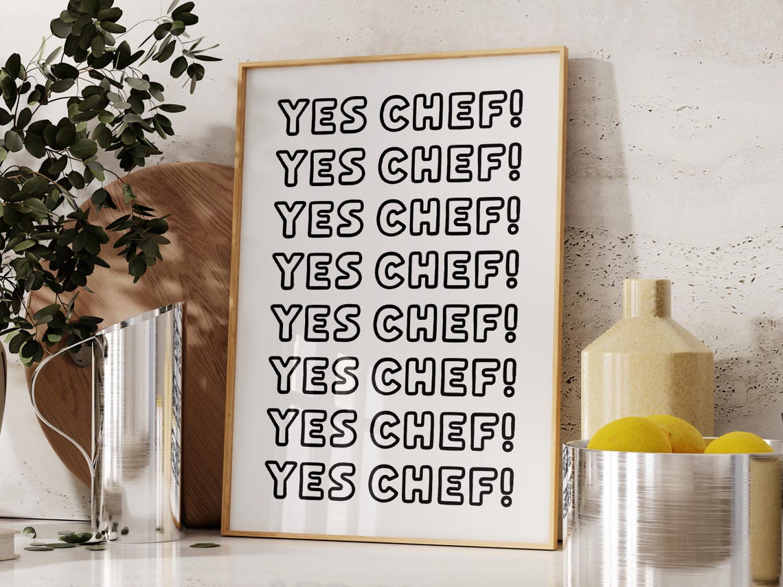 Yes Chef Repeated Outline Typography Black Kitchen Quote Poster