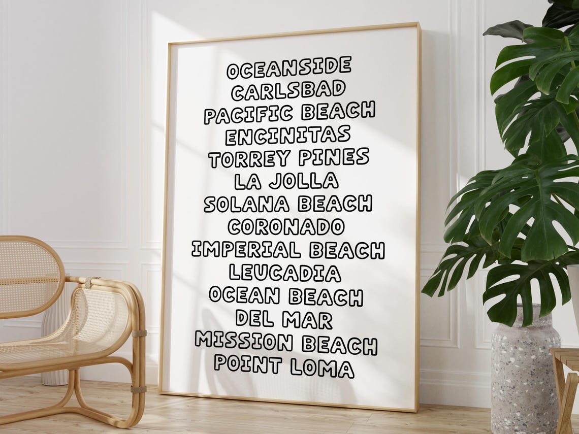 San Diego Beach Towns List Black Outline Retro Coastal Wall Poster - Image 3