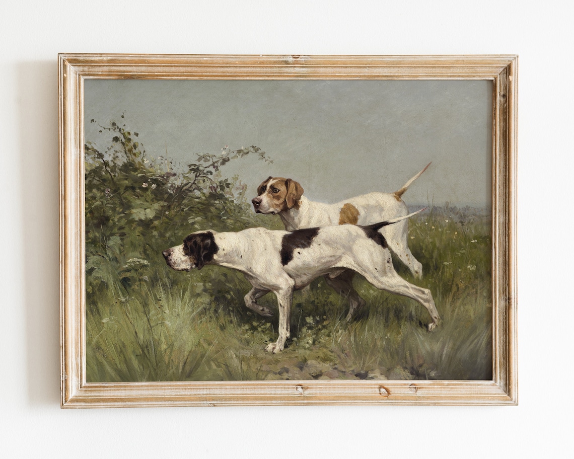 English Pointer Dogs Vintage Oil Painting Hunting Field Art Poster