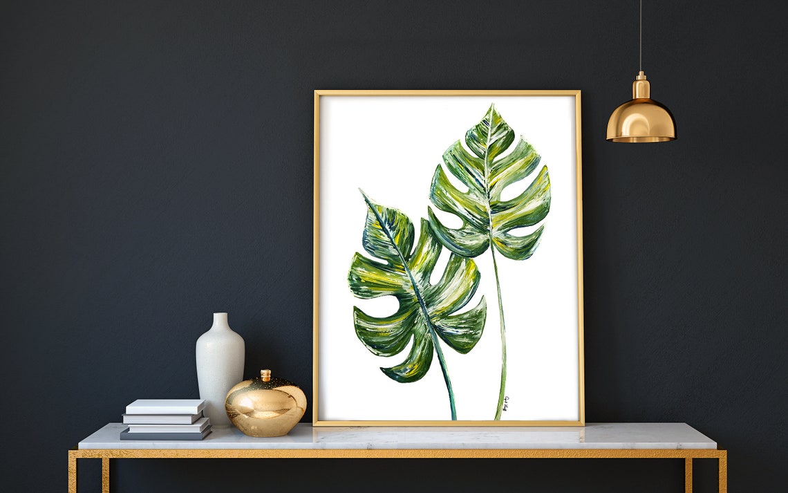 Two Monstera Leaves Watercolor Botanical Print Close Up Green Foliage
