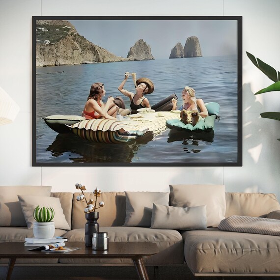 Three Women Eating Pasta on Floats Vintage Italian Lake Scene Poster