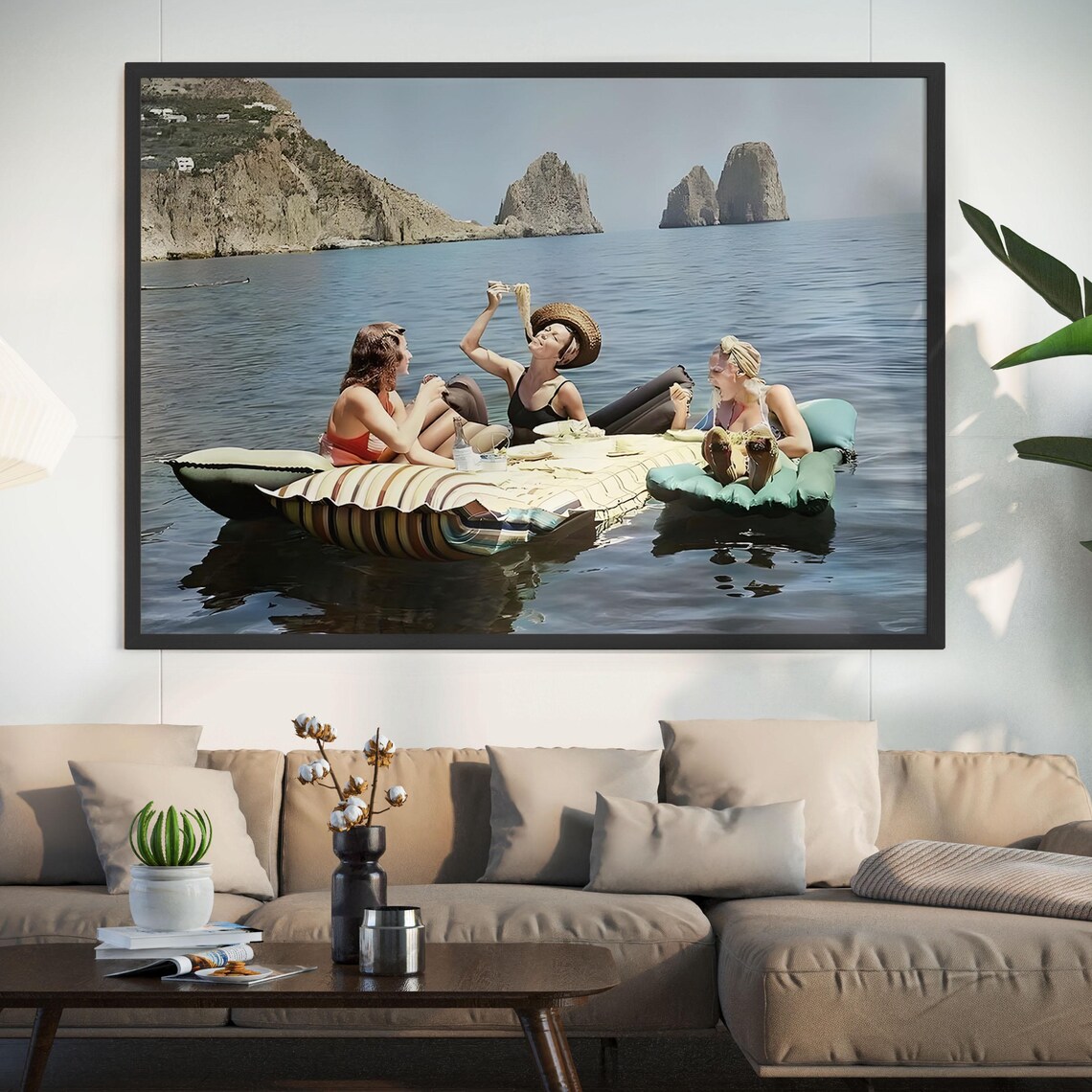 Three Women Eating Pasta on Floats Vintage Italian Lake Scene Poster