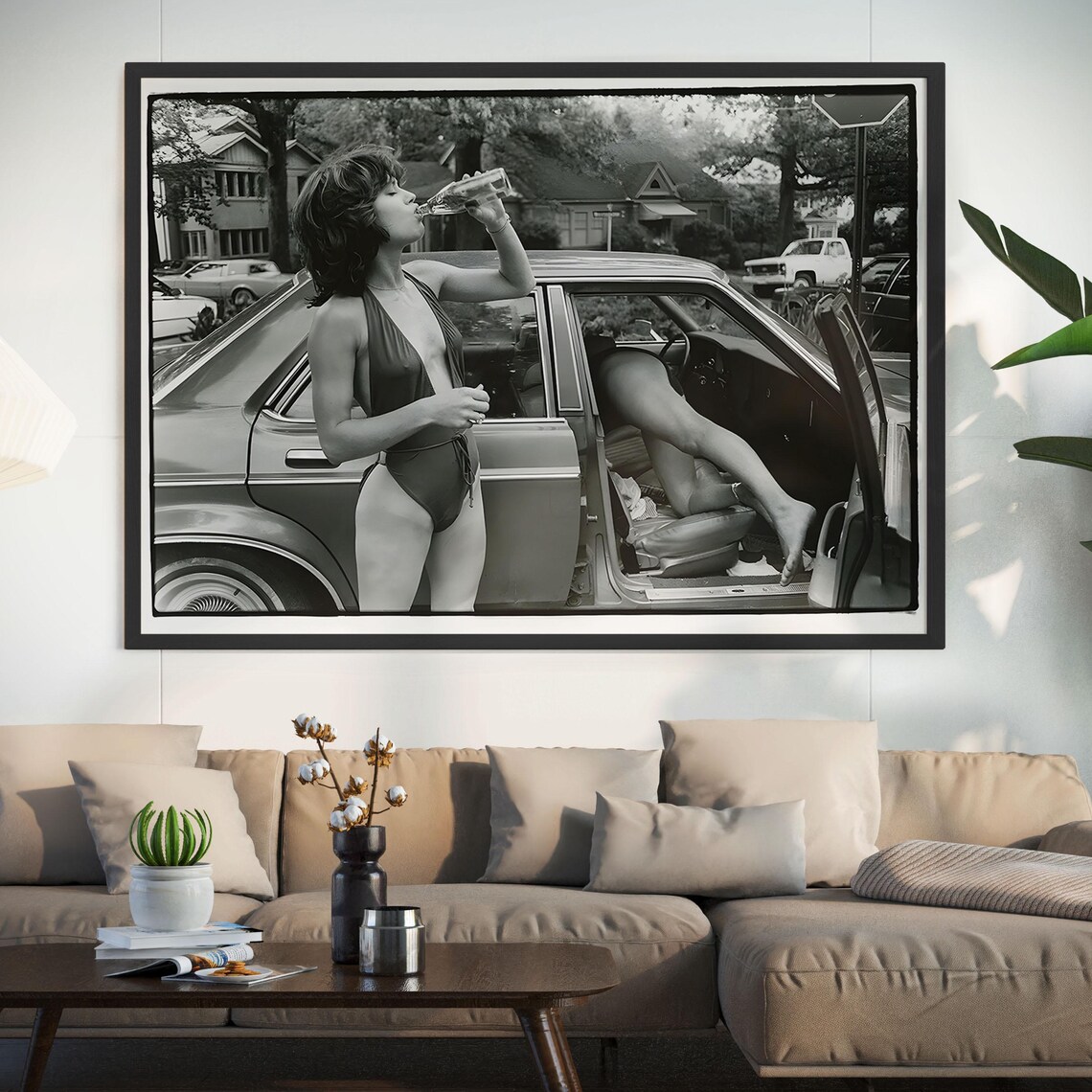Vintage Woman Classic Car Black White Retro Photo Art Poster