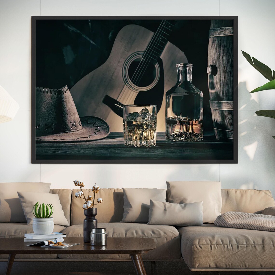 Whiskey Guitar Cowboy Hat Moody Western Saloon Still Life Wall Art