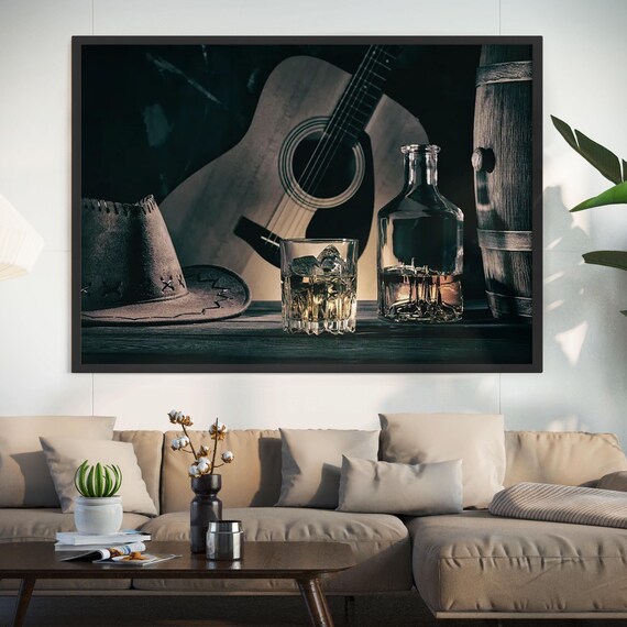 Whiskey Guitar Cowboy Hat Moody Western Saloon Still Life Wall Art