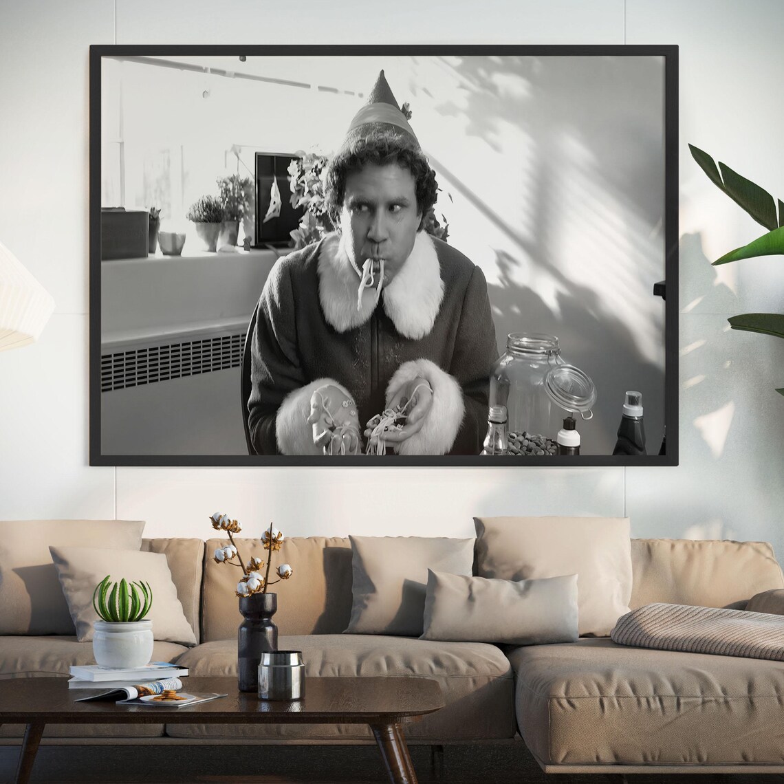 Buddy The Elf Spaghetti Scene Black White Christmas Movie Poster