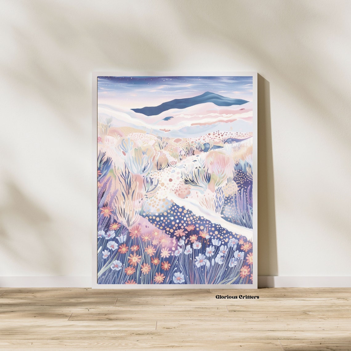Pastel Wildflower Meadow Mountain Dusk Starry Night Landscape Print - Image 3