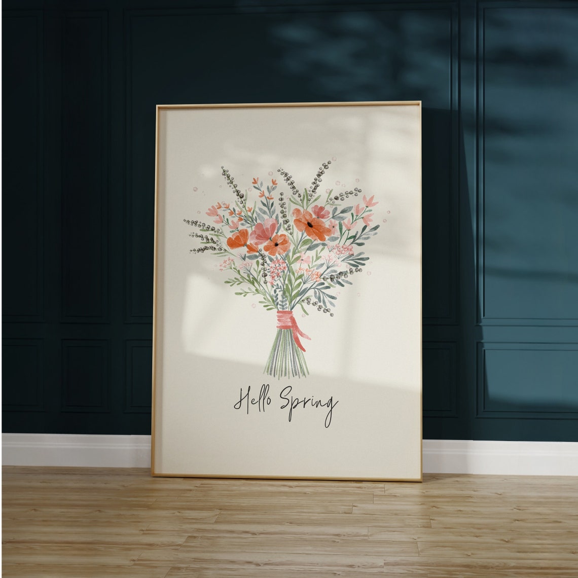 Hello Spring Watercolor Wildflower Bouquet With Ribbon Poster