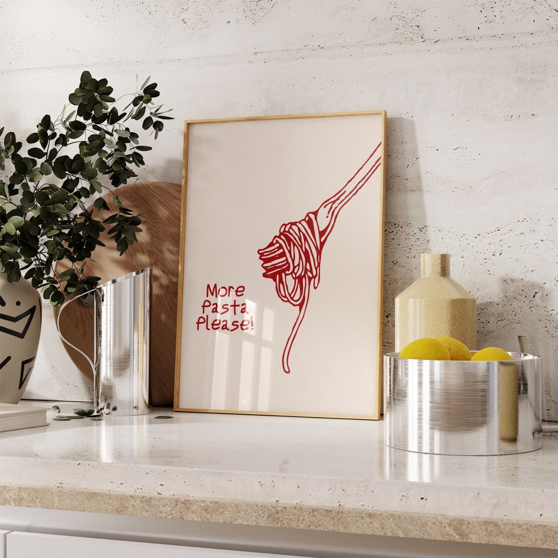 More Pasta Please Fork With Spaghetti Swirl Red Line Art Poster - Image 2