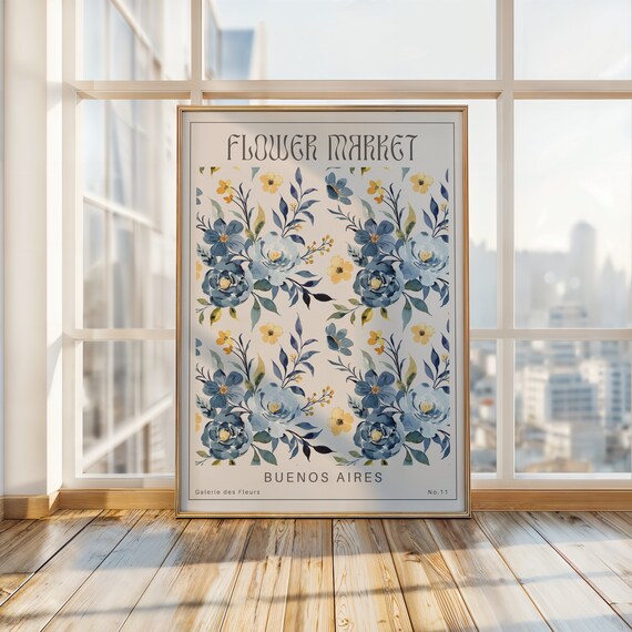 Buenos Aires Flower Market Blue Yellow Floral Watercolor Poster