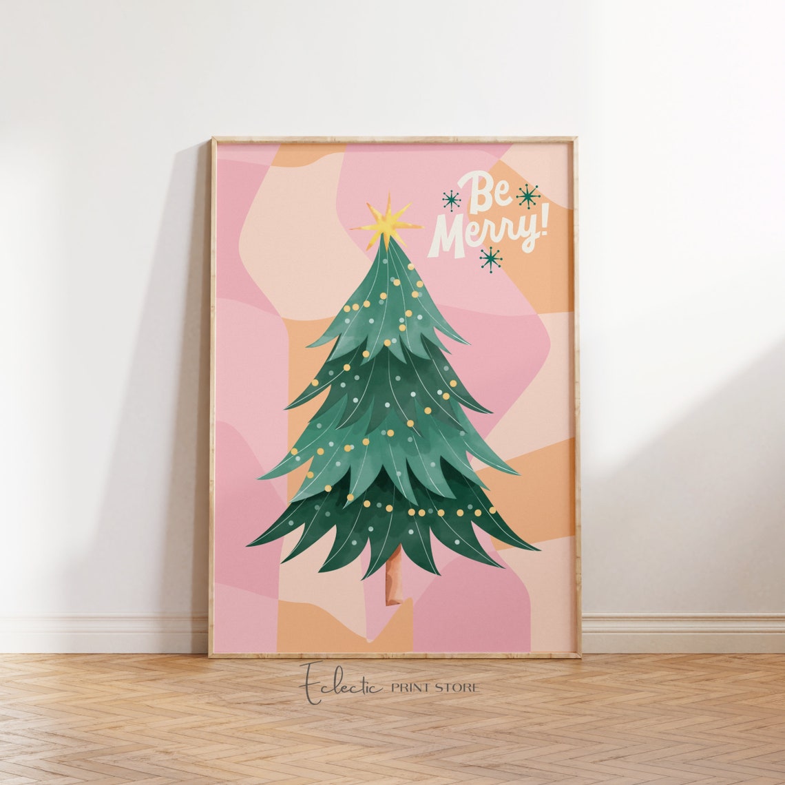 Be Merry Retro Pink Christmas Tree Gold Star Fun Holiday Poster - Image 2