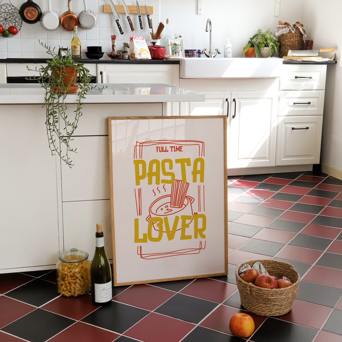 Full Time Pasta Lover Retro Spaghetti Pot Mustard Kitchen Poster - Image 3