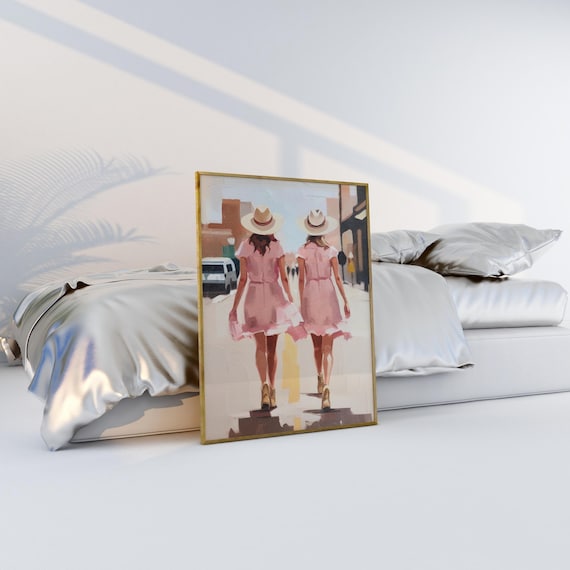 Two Cowgirls In Pink Dresses Cowboy Hats Western Street Art Poster