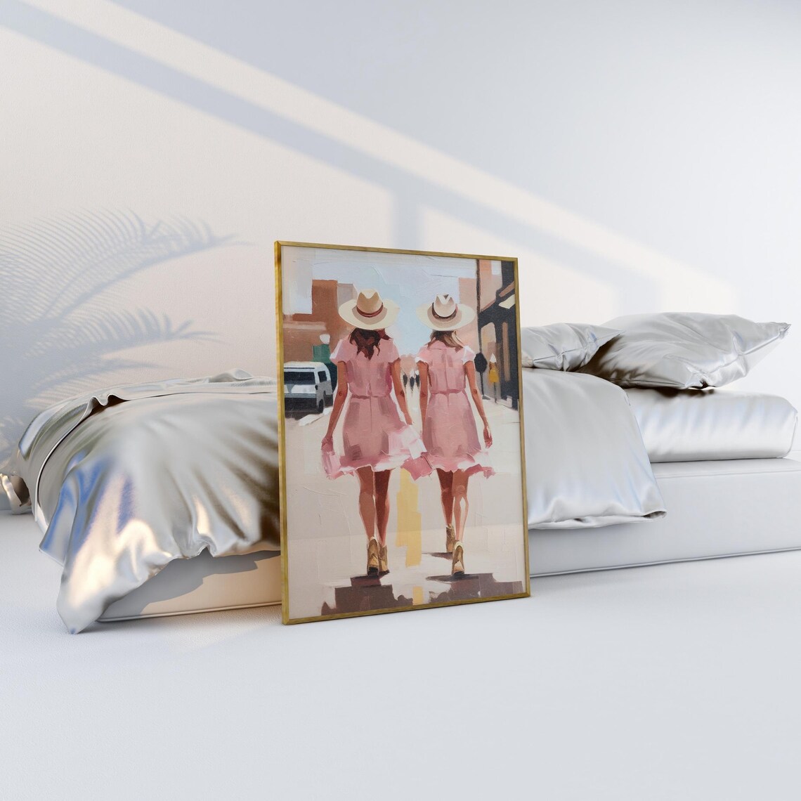 Two Cowgirls In Pink Dresses Cowboy Hats Western Street Art Poster