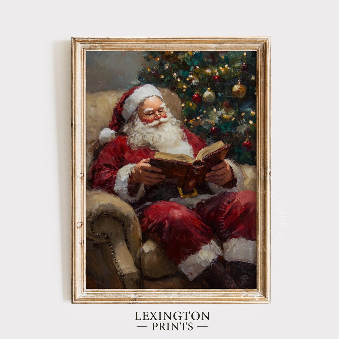 Santa Claus Reading A Book In Armchair Beside Christmas Tree Poster