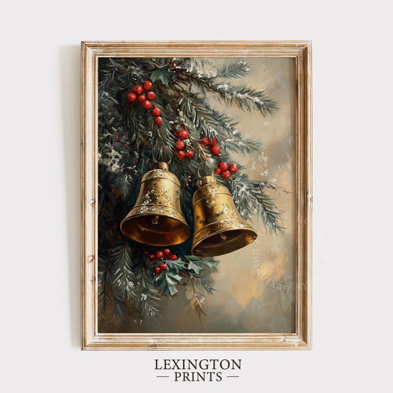 Vintage Christmas Bells Print Christmas Wall Art Moody Winter Wall Art Jingle Bells Painting Farmhouse Christmas Decor Art 958