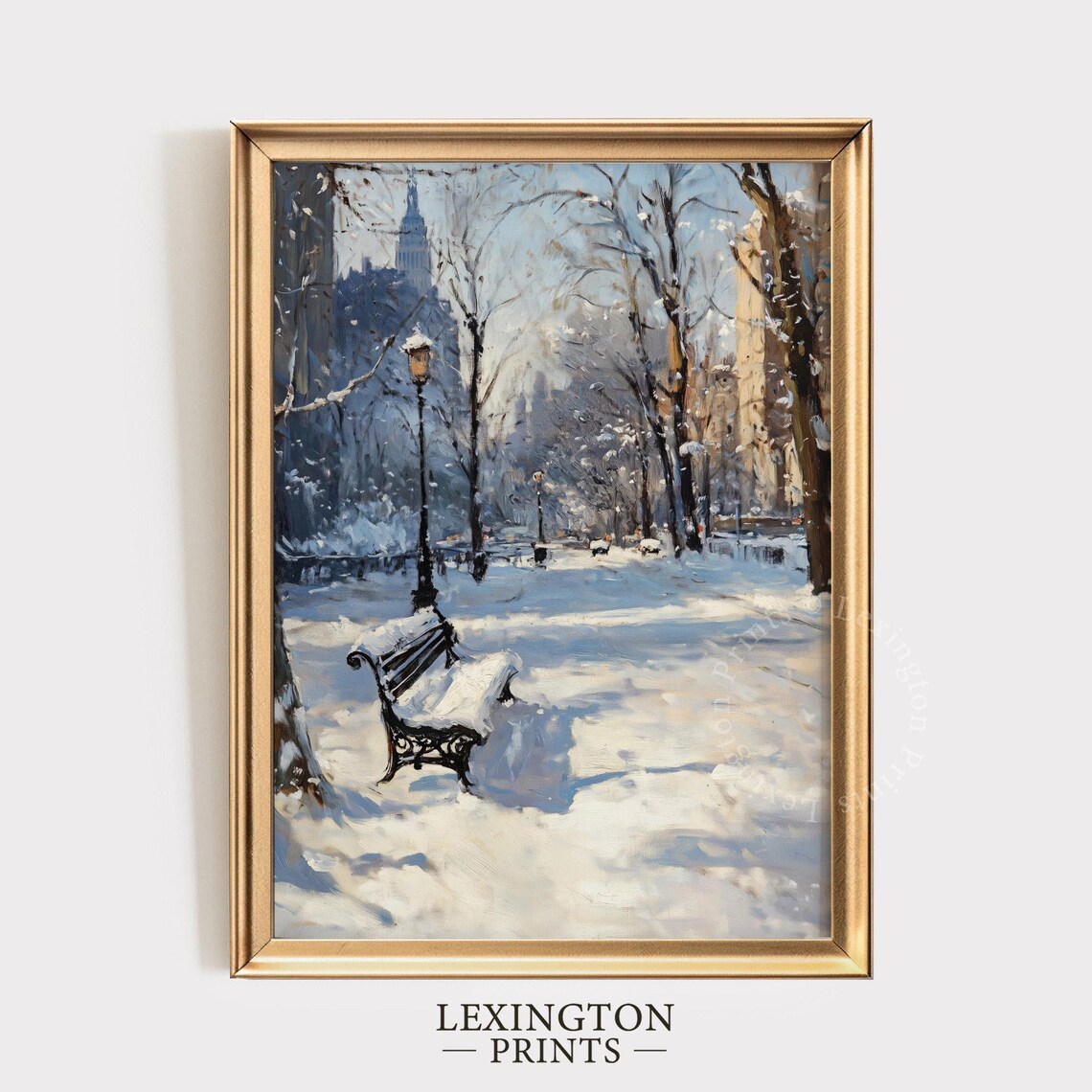 Snowy Park Bench Lamppost Quiet Winter Morning City Park Poster