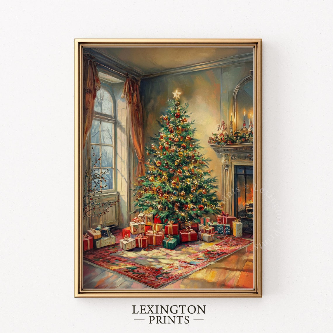 Christmas Tree in Elegant Parlor with Gifts and Fireplace Poster