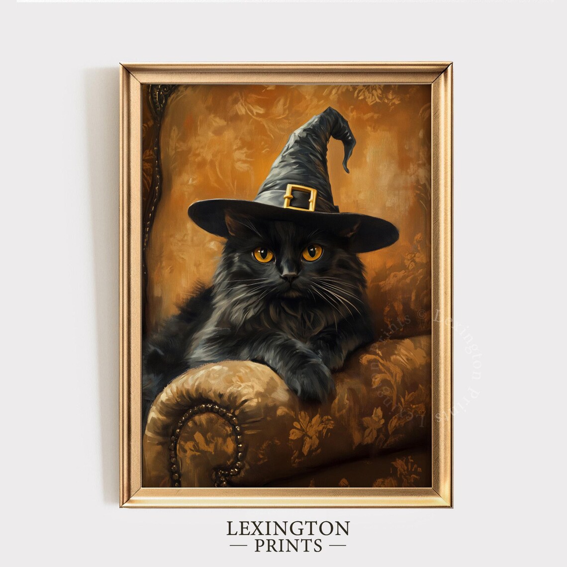 Black Cat Wearing Witch Hat on Velvet Chair Halloween Vintage Wall Art