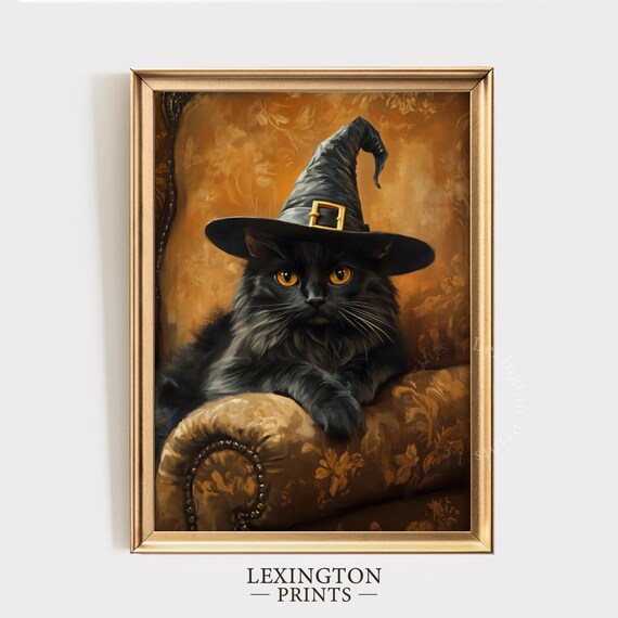 Black Cat Wearing Witch Hat on Velvet Chair Halloween Vintage Wall Art