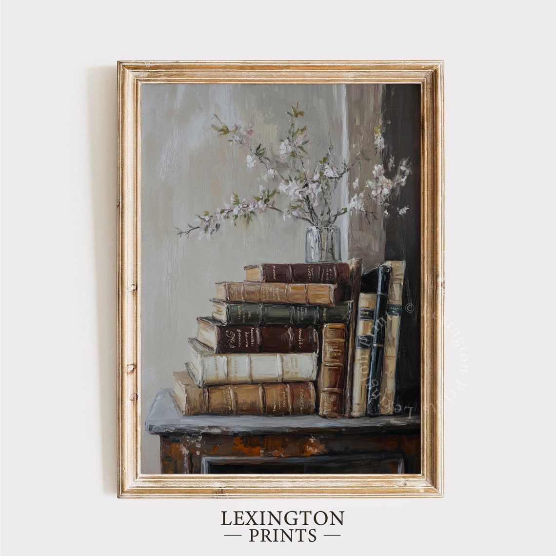 White Blossom Branches on Stack of Antique Books Vintage Art Print