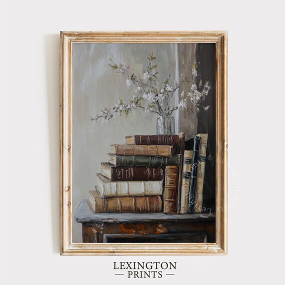 White Blossom Branches on Stack of Antique Books Vintage Art Print