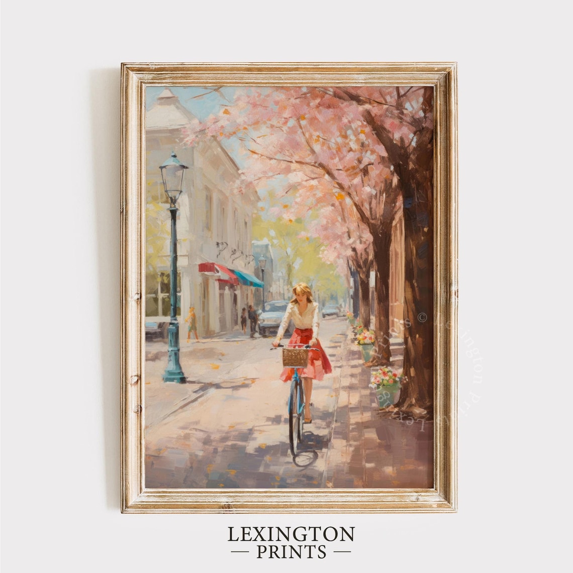Woman Riding Bike Down Cherry Blossom Street Spring Town Wall Art - Image 8