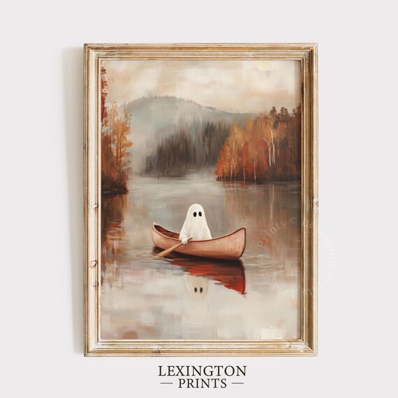 Cute Ghost Paddling Canoe Autumn Lake Oil Painting Halloween Fall Poster