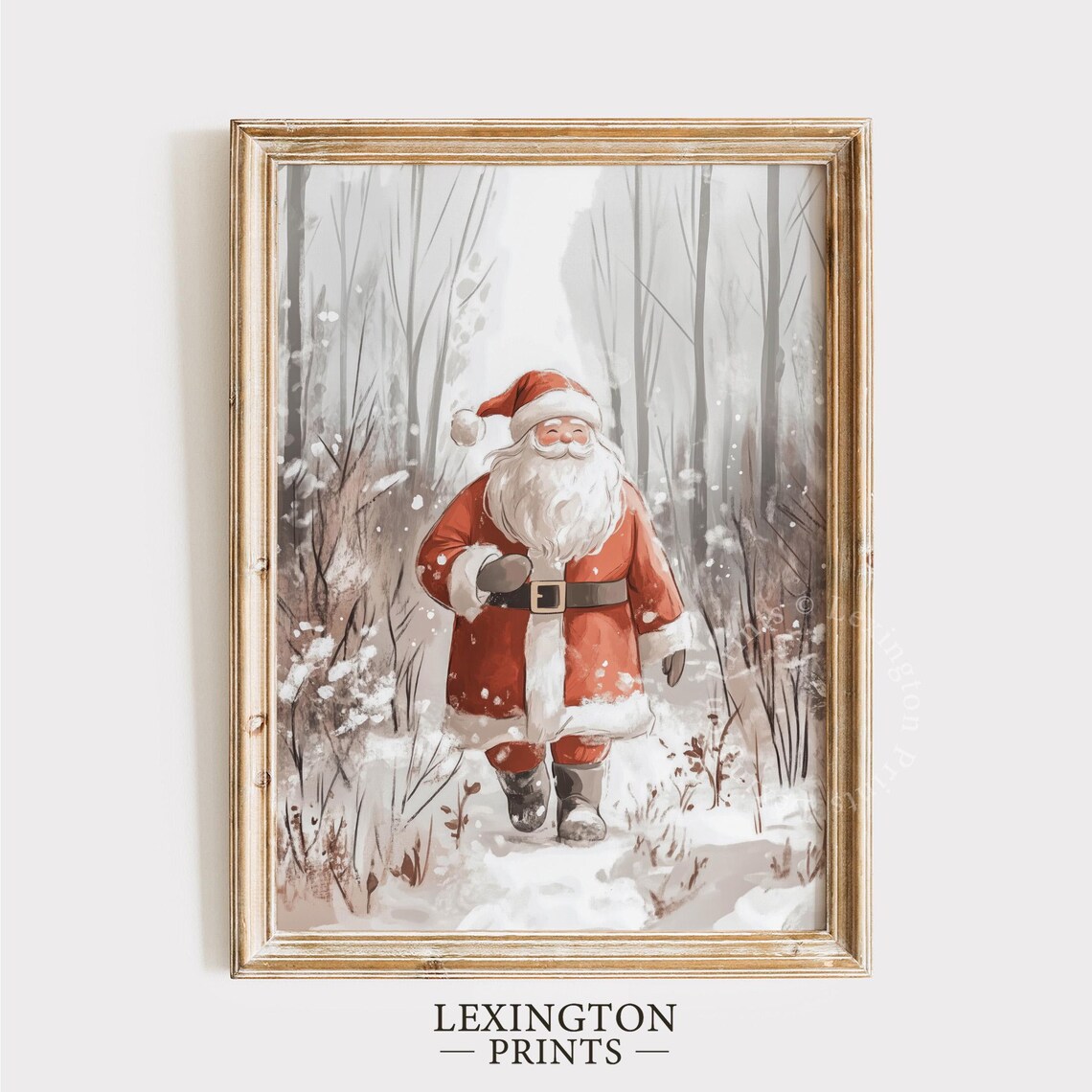 Santa Claus Strolling Through Snowy Birch Forest Christmas Wall Art