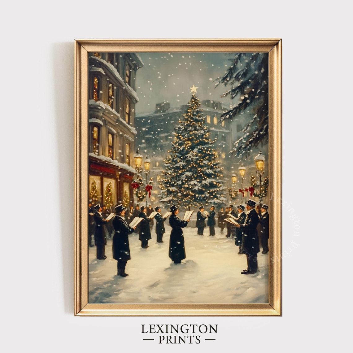 Victorian Christmas Carolers Singing by Lit Tree Snowy Poster