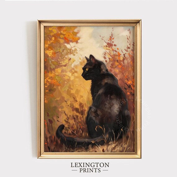 Black Cat Autumn Foliage Vintage Oil Painting Fall Seasonal Poster