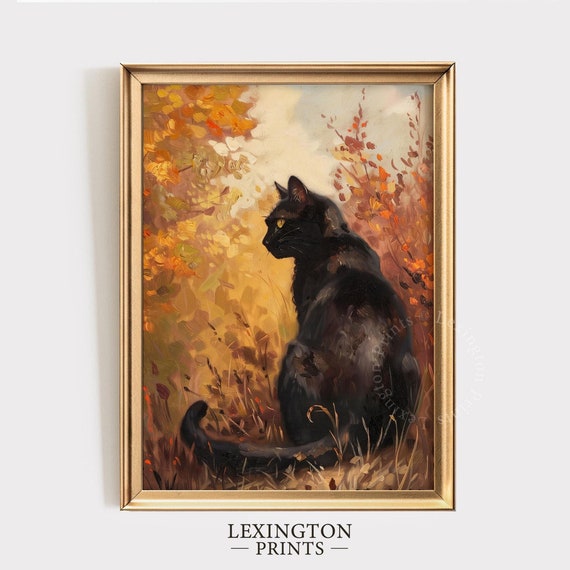 Black Cat Print Fall Wall Art Halloween Print Black Cat Painting Vintage Fall Decor Autumn Wall Art Cat Lover Gift Cute Cat 775