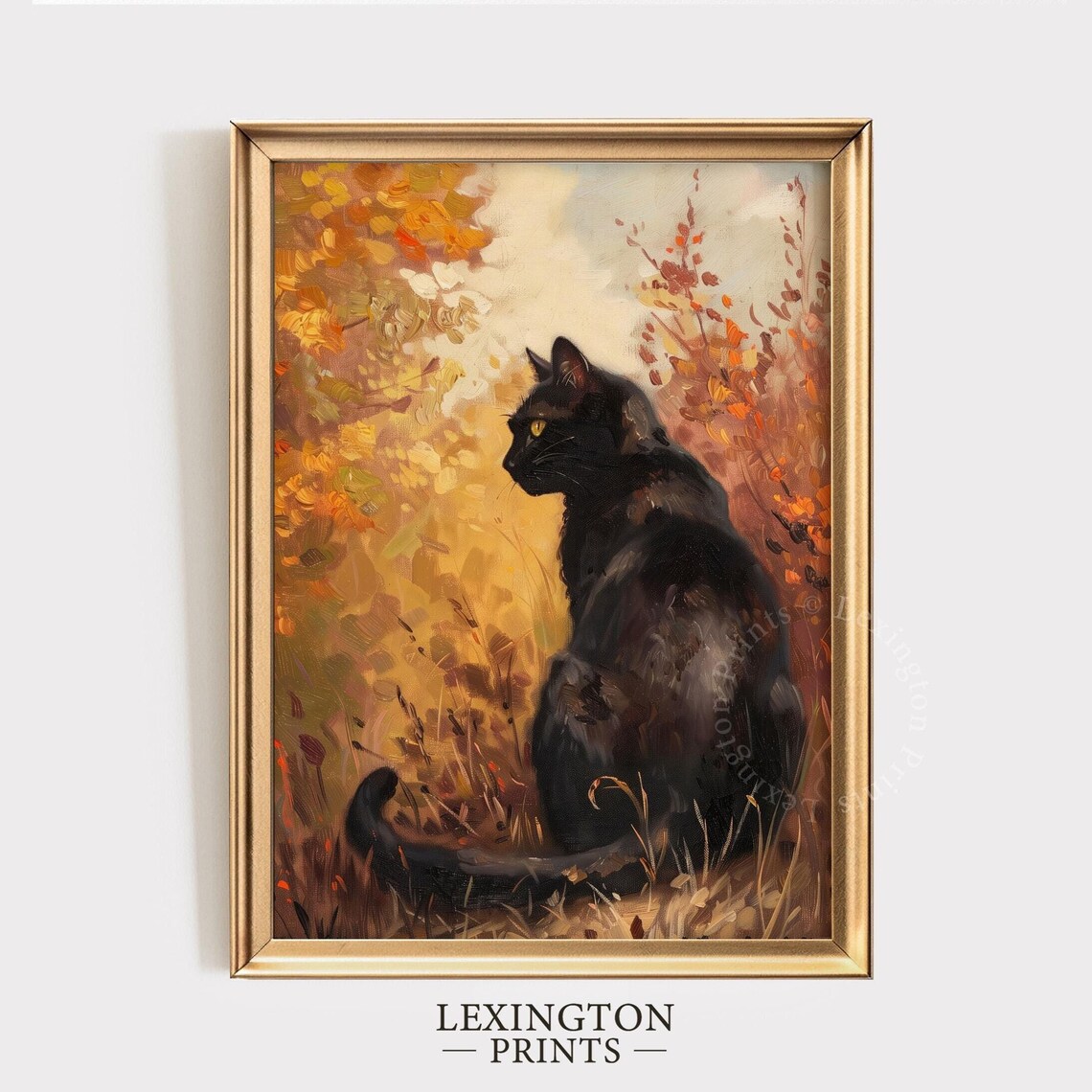 Black Cat Autumn Foliage Vintage Oil Painting Fall Seasonal Poster