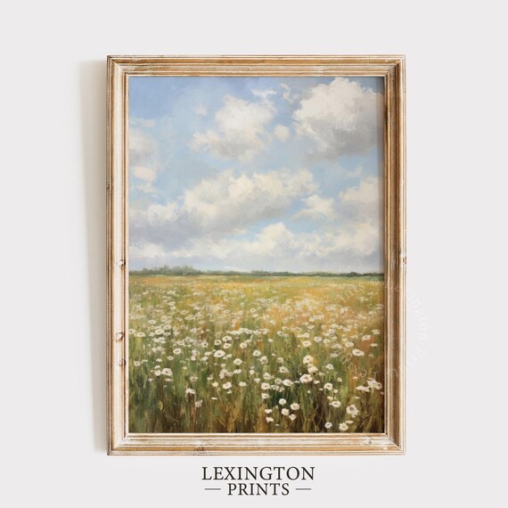 White Daisy Meadow Bright Blue Sky Clouds Cheerful Spring Field Poster