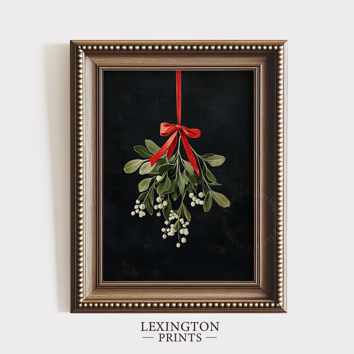 Mistletoe Hanging From Red Ribbon on Dark Background Botanical Print