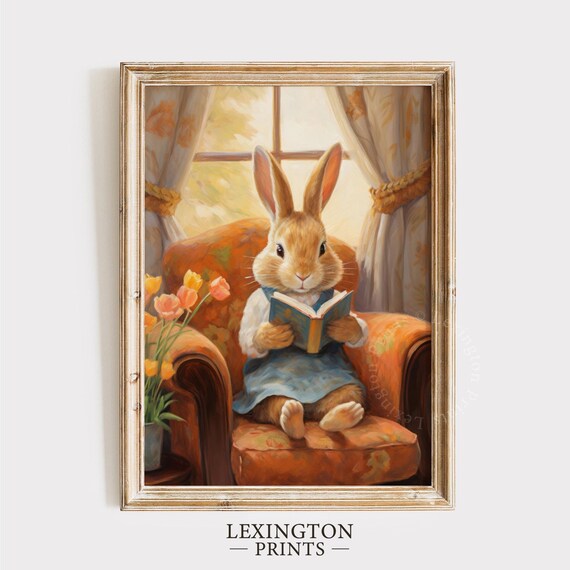 Easter Bunny Reading Book in Armchair with Tulips Vintage Wall Art