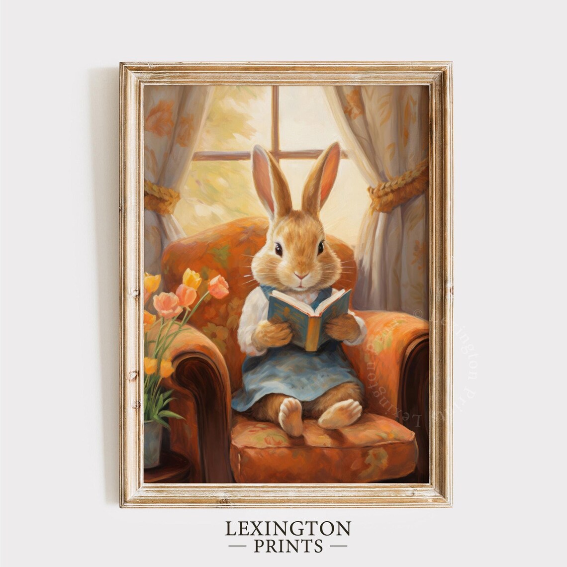Easter Bunny Reading Book in Armchair with Tulips Vintage Wall Art